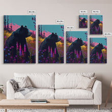 Carregar imagem no visualizador da galeria, Cute brown bear stopping to smell the flowers, animal prints, framed canvas print, colorful unique wall art
