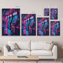 Cargar imagen en el visor de la galería, Game Room Decor, Framed Canvas Print, Synthwave Arcade, Boys Room, Gamer Gift, Gaming Wall Art, Video Game Posters, Teen Room
