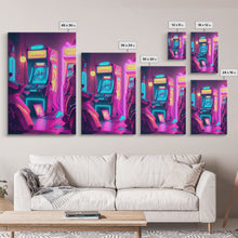 Cargar imagen en el visor de la galería, Game Room Decor, Framed Canvas Print, Synthwave Arcade, Boys Room, Gamer Gift, Gaming Wall Art, Video Game Posters, Teen Room
