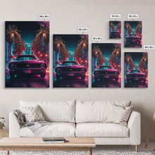 Carregar imagem no visualizador da galeria, American Muscle Car on Sunset Strip, Retro Synthwave Art, Framed Canvas Print, Gift For Him, Muscle Car Art
