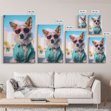 Cargar imagen en el visor de la galería, Corgi Wall Print, Dog Wall Art, Dog Sunglasses, Teal Shirt, Funny Wall Art, Framed Wall Art, Framed Canvas, Wall Print, Wall Canvas
