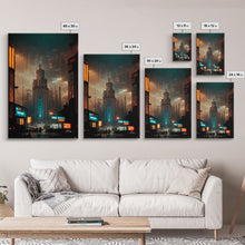 Carregar imagem no visualizador da galeria, Art Deco Cyberpunk Cityscape Canvas Print, Scifi art, cool wall art for mancave, dystopian art, architecture
