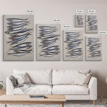 Cargar imagen en el visor de la galería, Sardines Art Print - Framed Canvas Art - Oil Painting Still Life Print - French Kitchen Art - Restaurant Art - Boho Farmhouse Decor
