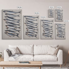 Cargar imagen en el visor de la galería, Minimalist Sardines Art Print - Framed Canvas Art - Oil Painting Still Life Print - French Kitchen Art - Restaurant Art - Boho Farmhouse Art
