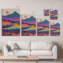 Load image into Gallery viewer, Scandinavian Inspired Pacific Northwest Art, Minimalist Boho Style Forest Landscape, Framed Canvas Art, Abstract Art, Purple Mountains
