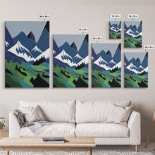 Load image into Gallery viewer, Abstract Pacific Northwest Art, Minimalist Boho Style Forest and Mountain Landscape, Framed Canvas Art, Abstract Art, Green Mountains
