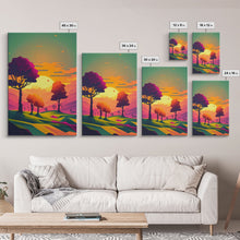 Load image into Gallery viewer, Retro Pop Art Landscape Art At Sunset, Framed Canvas Print, Outrun Style Trees and Sunset, Living Room Art
