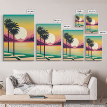 Load image into Gallery viewer, Framed Canvas Print - Art Deco Sunset Scene - Mountains, Palmtrees &amp; Beaches - Retro Style Art - Living Room Decor
