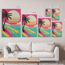 Load image into Gallery viewer, Framed Art Deco Canvas Print - Sunset Beach Scene, Minimalist Palms, Retro Style - Pink and Turquoise Vaporwave Art
