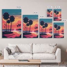 Load image into Gallery viewer, Framed Canvas Print - Art Deco Sunset, Beaches, Minimalist Palm Trees, Retro Synthwave, Vaporwave, 80s Vibes, Gamer Art, Bar Decor
