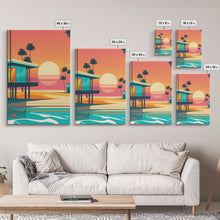 Carregar imagem no visualizador da galeria, Art Deco Sunset Beach Canvas Print, Minimalist Retro Palmtree Vibe, Vaporwave Art, 80s Retro Vibes, Miami Inspired Art
