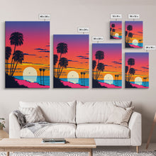 Load image into Gallery viewer, Framed Canvas Print - Art Deco Sunset, Beaches, Minimalist, Palmtrees, Retro Style, Synthwave, Vaporwave, 80s Style Decor, Palme Trees
