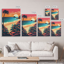 Load image into Gallery viewer, Framed Canvas Print | Art Deco Sunset, Beach, Palm Trees, Retro Style, Synthwave, Vaporwave, Island Vibes, Minimalist Beach Art
