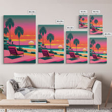 Load image into Gallery viewer, Framed Canvas Print – Art Deco Sunset Beach, Minimalist, Retro, Palm Trees, Synthwave, Vaporwave, Island Vibes, Lounging, Synthwave Deco
