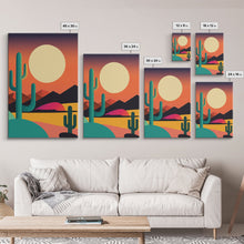 Load image into Gallery viewer, Pop Art Framed Canvas Print of Desert Landscape at Sunset, Outrun Style Sunset Full Moon Art, Unique 80s Vibe Retro Art, Art Deco
