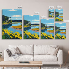 Cargar imagen en el visor de la galería, Colorful Pop Art Picture of a Stream, Framed Canvas Print, Surrealist High Contrast Cel Shaded Landscape Art
