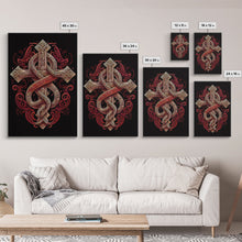 Cargar imagen en el visor de la galería, Cool Cross Art | Wall Art | Gothic Cross | Framed Canvas Print | Framed Art | Red and White Cross &amp; Snake
