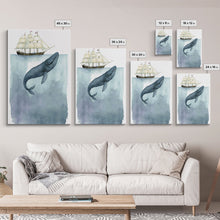 Load image into Gallery viewer, Framed Wall Art Blue Whale Painting, Watercolor Painting, Whale Print, Whale and Boat, Whale Nursery, Humpback Whale, Framed Wall Art
