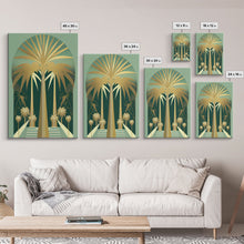 Load image into Gallery viewer, Boho Modern Frank Lloyd Wright-inspired Art Deco Canvas Print, Emerald Green and Gold Palm Tree, wall decor, wall art original, MCM Art
