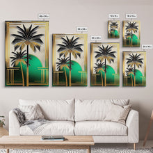 Load image into Gallery viewer, Boho Modern Frank Lloyd Wright-inspired Art Deco Canvas Print, Emerald Green and Gold Palm Tree, wall decor, wall art original, MCM Art
