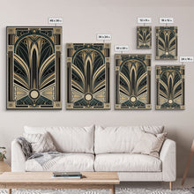 Carregar imagem no visualizador da galeria, Art Deco Wall art, Framed Canvas Print, Art Deco, Gold &amp; green art, Geometric art, Midcentury Modern, Stained glass art, Office decor
