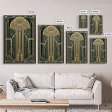 Carregar imagem no visualizador da galeria, Art Deco Wall art | Framed Canvas Print | Art Deco | Gold &amp; green art | Beautiful art | Midcentury Modern | Office decor | Stained glass art
