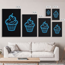 Load image into Gallery viewer, Blue Neon Lights Cupcake Wall Decor, Kitchen Wall Art, Glowing Art, Minimalist Print, Wall Decor, Canvas Print, Wall Art, Framed Canvas
