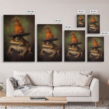 Load image into Gallery viewer, Frog Wall Art, Frog Wearing Witch Hat, Funny, Animal Wall Art, Nature, Modern Print, Wall Decor, Canvas Print, Wall Art, Framed Canvas
