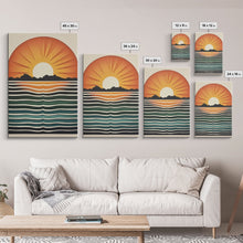 Load image into Gallery viewer, Sunset Sunrise Boho Wall Decor, Framed Canvas Print Or Poster, Sunset Framed Wall Hanging, Minimalist Art Deco Retro Wall Art
