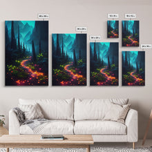 Load image into Gallery viewer, Luminescent magical forest canvas print, glowing trail though the trees, fantasy art
