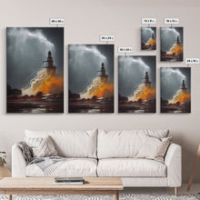 Load image into Gallery viewer, Lighthouse Oil Painting Canvas Print, Light house landscape print, Lighthouse in a storm with lightning and thunder, waves crashing

