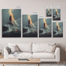 Load image into Gallery viewer, Lighthouse Oil Painting Canvas Print, Lightning striking a lighthouse during a dark stormy night, gloomy wall art

