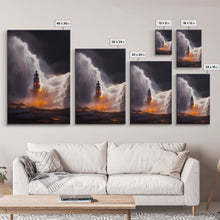 Load image into Gallery viewer, Lightning striking a burning lighthouse, canvas print, oil painting style, dark and gloomy wall art
