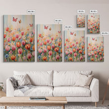 Load image into Gallery viewer, Tulip Field Wall Art, Flower Wall Print, Colorful Art, Butterfly Art, Canvas Print, Wall Art, Vertical Print, Birthday Gift, House Wall Art
