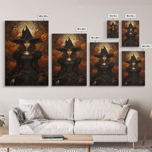 Load image into Gallery viewer, Beautiful Gothic Witch Art, Framed Halloween Canvas, Canvas Print, Spooky Halloween Wall Art, Halloween Deco, Witchy Art Pumpkin Patch Witch
