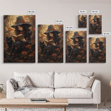 Carregar imagem no visualizador da galeria, Cute Little Witch Reading Spells To Her Black Cat Familiar, Vintage Halloween Art, Framed Canvas Print, Halloween Canvas Art, Witchcraft
