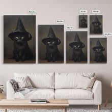Carregar imagem no visualizador da galeria, Cute Witch&#39;s Familiar Cat Halloween Art, Cat Witch, Cat Painting, Cute Cat Print, Halloween Decor, Black Cat Print, Framed Canvas / Canvas
