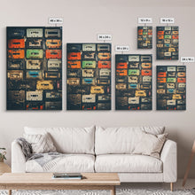 Cargar imagen en el visor de la galería, Cassette Tape Collage, Retro 80s Art, Photography, Fine Art Canvas Print, Giclee Print, Studio Decor, Music Lover Gift
