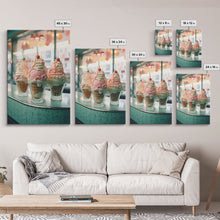 Load image into Gallery viewer, A Strawberry Sunday Kitchen Decor, Ice Cream Art, Framed Canvas Print, Ice Cream Parlor Decor, Icecream Shop Wall Art, MCM Style Decor

