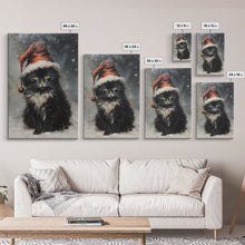 Carregar imagem no visualizador da galeria, Black Christmas Cat Wearing A Santa Hat, Framed Canvas Print, Christmas Decor, Xmas Wall Art, Holiday Decor, Seasonal Wall Decor
