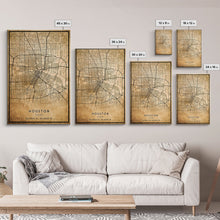 Load image into Gallery viewer, Distressed Houston map print poster canvas print, framed road map art, Texas map print poster canvas, Houston city map print poster canvas
