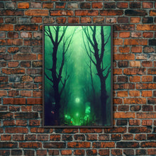 Load image into Gallery viewer, Emerald green city streets under a full moon, cool spooky art, framed canvas print
