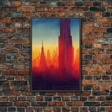 Cargar imagen en el visor de la galería, Chicago at sunset concept art, synthwave style, framed canvas print, ready to hang wall art with frame
