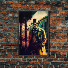 Load image into Gallery viewer, Cowboy waiting for the train, framed wall art, framed canvas print
