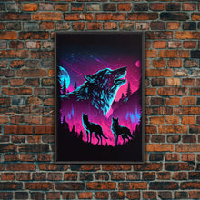 Load image into Gallery viewer, Wolves Howling at the moon, 3 wolf moon, framed canvas print, vaporwave art, Animal art, predator art
