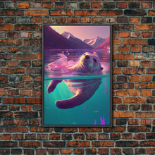 Carregar imagem no visualizador da galeria, Cute Otter going for a swim, pastel retro style art, framed canvas print, Otter out for a swim in a mountain lake
