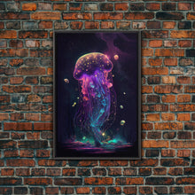 Load image into Gallery viewer, Bioluminescent Cosmic Jellyfish against a Starry night sky, JellyFish Art, Framed Canvas Print, synthwave style art

