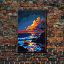 Load image into Gallery viewer, Pixel Art Sunset obscured by clouds, framed canvas print, 8 bit art
