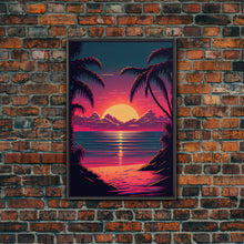 Load image into Gallery viewer, 8 bit pixel art sunset, synthwave style palm tree beach, framed canvas print, framed wall art painting
