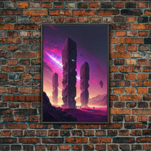 Load image into Gallery viewer, The Monoliths, Scifi art, retro synthwave style alien planet art, framed canvas print
